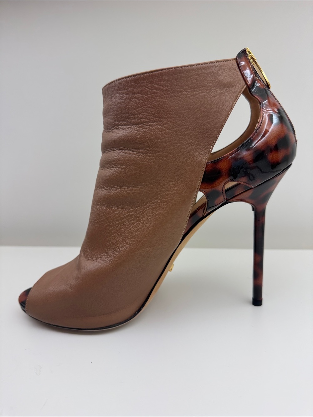 Sergio Rossi Brown Leather Peep-Toe Stiletto with Tortoiseshell-Effect Heel